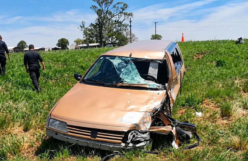 Accidente rural con auto destrozado